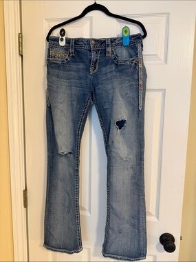 Rock Revival Women's Light Blue Flare Jeans with Distressed Details